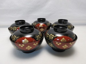 I04391 【 ほぼ未使用 懐石道具 正法寺蒔絵 煮物椀 5客揃 和食器 蓋付き椀 箱無 】 検) 茶道具 吸物椀 雑煮椀 茶事 茶道教室 日本製 ⅱ