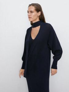 【美品】ZARA ザラ ロングワンピース ネイビー スカーフ リボン ドルマンスリーブ ニット 前開き ドレス M