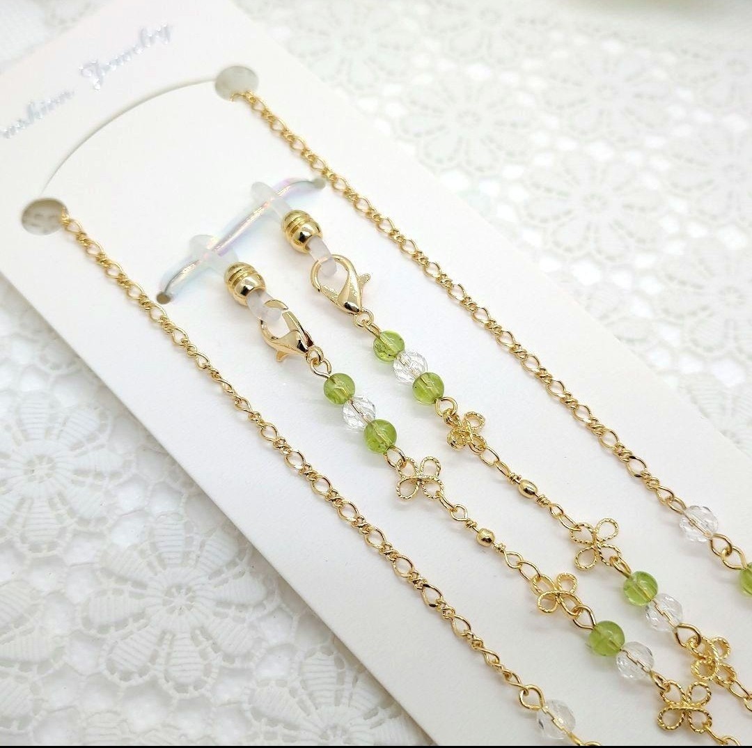 Natural stone glasses chain ◆ Peridot ◆ Crystal ◆ 16KGP flower chain, Handmade, Accessories (for women), others