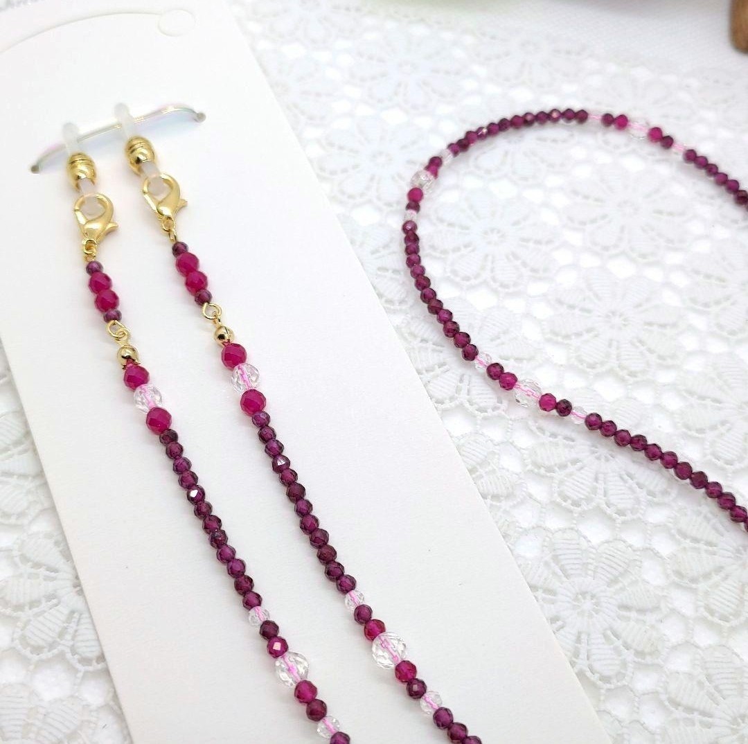 Cordon à lunettes en pierre naturelle◆Rubis synthétique◆Grenat rhodolite, Fait main, Accessoires (pour femmes), autres