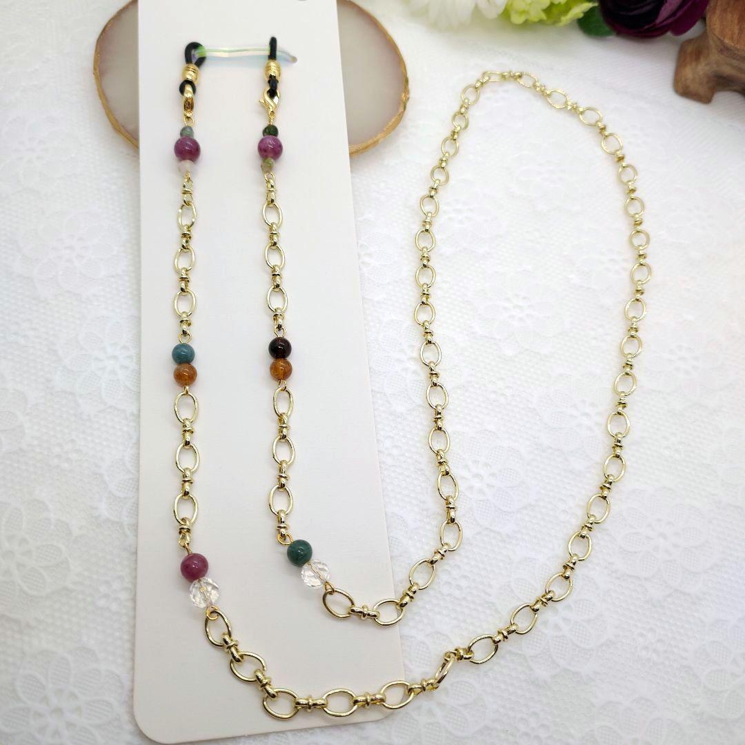 Natural stone glasses chain ◆ Pink tourmaline ◆ Mixed tourmaline ◆ Approximately 80 cm long!, Handmade, Accessories (for women), others