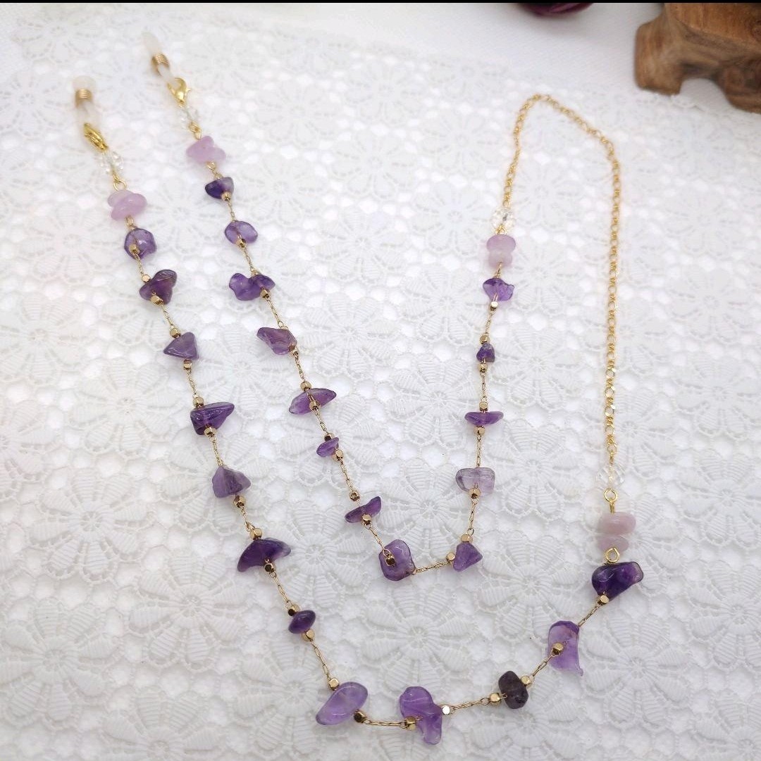 Natural stone glasses chain ◆ Kunzite ◆ Amethyst ◆ Crystal ◆ K16GP chain, handmade, Accessories (for women), others