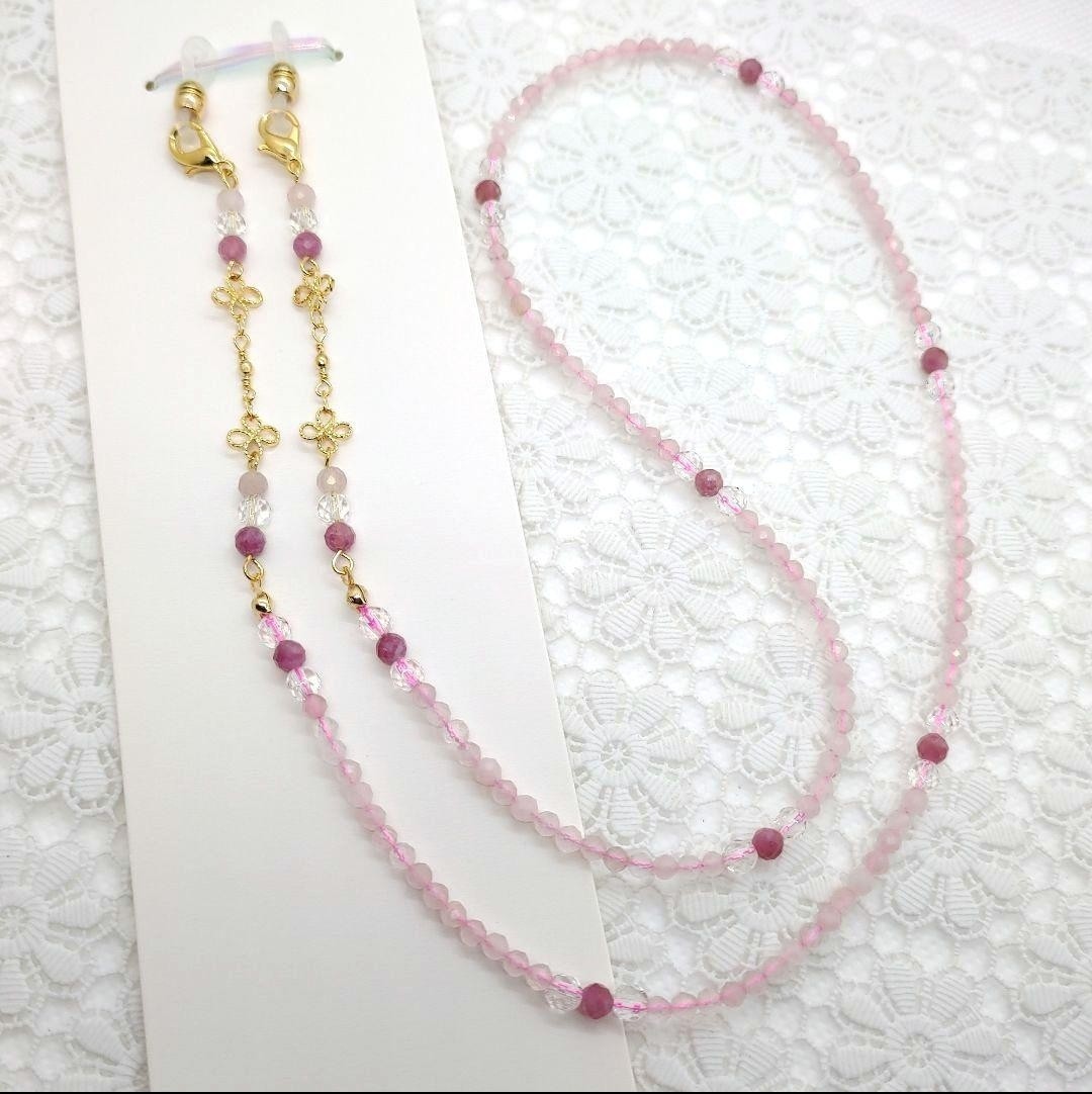 Natural stone glasses chain◆Pink tourmaline◆Rose quartz◆Crystal◆16KGP chain, Handmade, Accessories (for women), others