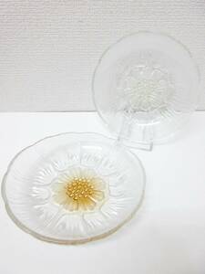 美品・レトロ■フラワー ガラス皿 お花 オレンジ 黄色 色違い ２枚セット 管理1805 L-1