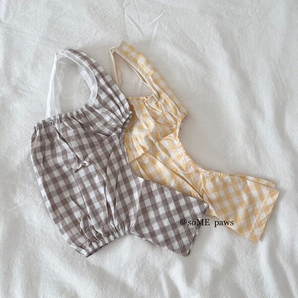【新品】ギンガムチェックオーバーオール お得な2枚セット 犬服 犬の服 ドッグウェア ベージュ レモンイエロー