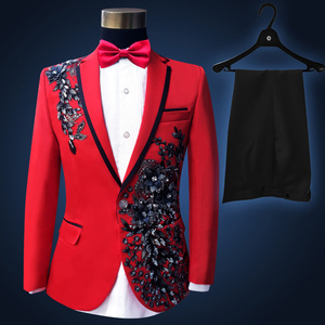  equipment ornament suit red tuxedo jacket & black pants & chief & Thai 4 point set Mai pcs costume chairmanship person stage costume singer etc. favorite 