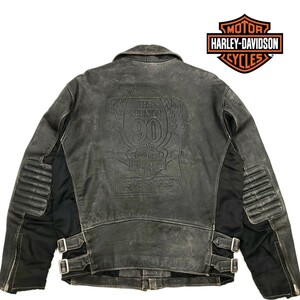 90周年限定モデル◆HARLEY-DAVIDSON◆立体ロゴ加工レザーコンビライダースジャケット黒メンズMハーレーダビッドソンダブル本革ジャン 617