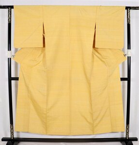 単衣 手織り紬 正絹 オレンジ 黄色 横縞 Sサイズ ki27900 美品 夏着物 レディース シルク 6月9月10月シーズン 激安 送料無料