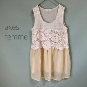 ◎アクシーズファム axes femme レース＆シフォンノースリーブ タンクトップ レディース Mサイズ 白×黄色 着丈長め 花柄レース