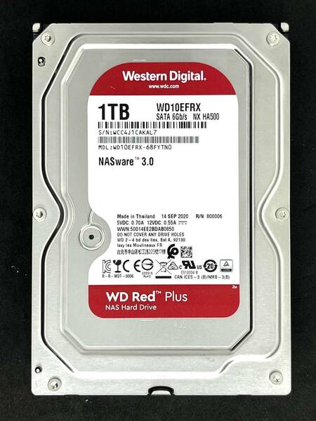 【送料無料】　★ 1TB ★　WD Red　/　WD10EFRX　【使用時間：9438ｈ】 2020年製　良品　3.5インチ内蔵HDD　SATA　Western Digital RED
