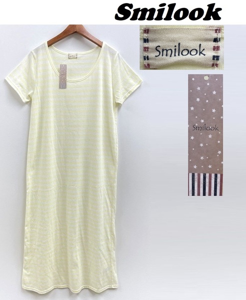 未使用品 /L/ Smilook ライトイエロー ボーダー ロング半袖ワンピース タグ カジュアル 部屋着 リラックスタイム レジャー 黄 スマイルック