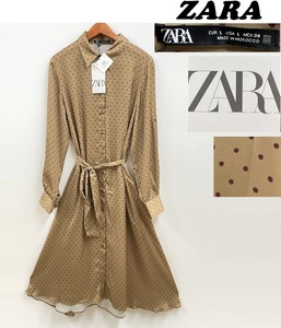 未使用品 /L/ ZARA ベージュ ポルカドットサテンドレス レディース タグ カジュアル トップス フェミニン大人可愛いガーリー デイリー ザラ