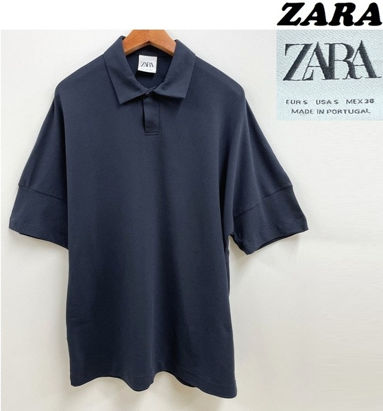 未使用品 /S/ ZARA ネイビー 半袖ポロシャツ カラー ボタン メンズ レディース 紺色 カジュアル トップス 通勤定番 アウトドア ゴルフ ザラ