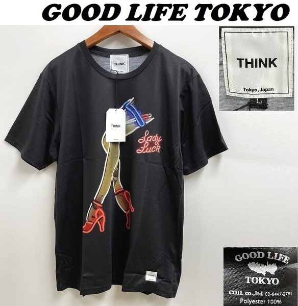 未使用品 /L/ THINK GOOD LIFE TOKYO ブラック 半袖Tシャツ レディーレッグ プリント メンズ レディース タグ カジュアル 黒 グッドライフ