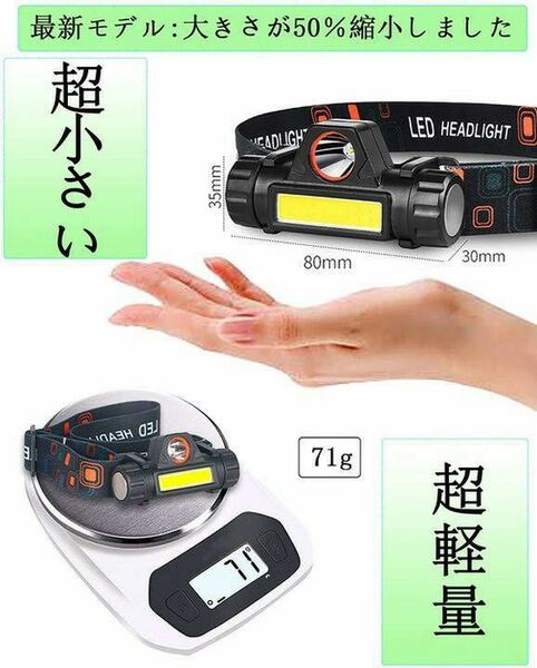 役立つ！LEDヘッドライト USB充電式 90°回転 キャンプ 夜釣り 登山