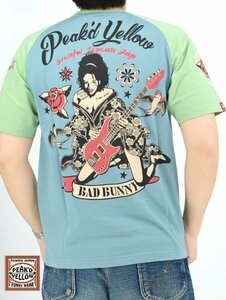 TATTOO半袖Tシャツ◆Peak'd Yellow ブルーグリーン×グリーンXLサイズ(サイズ44) PYT-236 ピークドイエロー 和柄 和風 着物 ギター 姉御