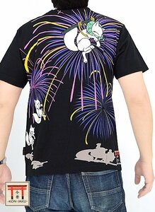 花火大会半袖Tシャツ◆今昔 ブラックLサイズ KJ-26014 和柄 和風 狐 きつね キツネ 夏 ユニセックス