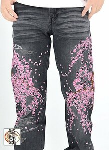 満開デニムパンツ◆絡繰魂 ブラック40inch 40インチ 232221 和柄 和風 ジーンズ 桜 さくら サクラ 刺繍 からくり