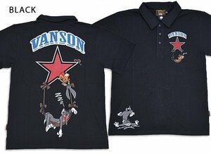 vanson×TOM＆JERRYコラボ 天竺半袖ポロシャツ◆vanson ブラックLサイズ TJV-2316 バンソン ヴァンソン トムとジェリー 刺繍