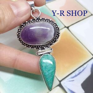  natural stone * amethyst .amazo Night. antique style pendant top * lady's necklace silver 925 stamp ethnic India jewelry 