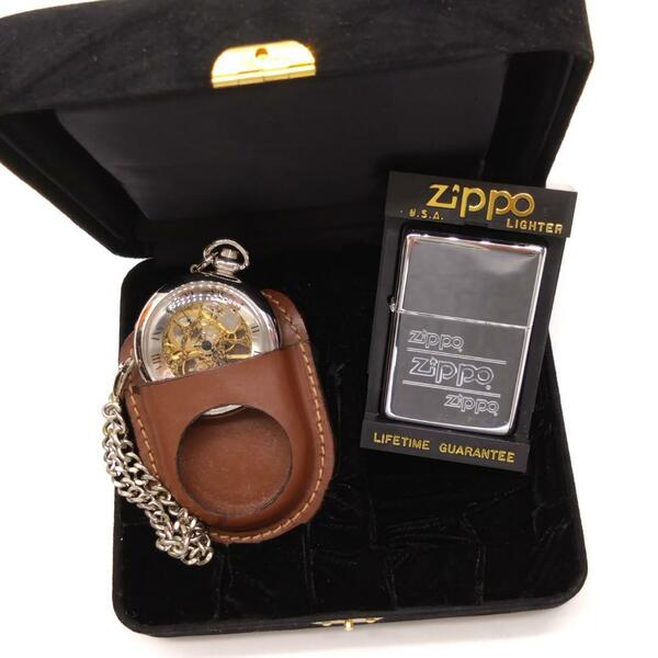 新品 懐中時計 レザーカバー ZIPPO オイルライター 95年製 ビンテージ Brandnew vintage silver high polish Genuine Leather 1995