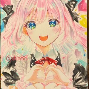 手描きオリジナルイラスト メイド服ピンク髪のかわいい女の子イラスト
