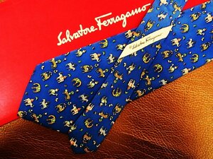 ★良品★3R00709【Ferragamo】フェラガモ「象 ラクダ トラ キリン シマウマ 動物 柄」ネクタイ