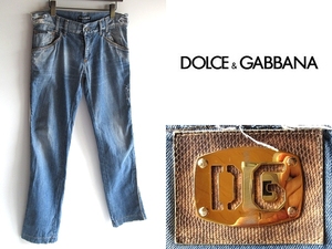 DOLCE&GABBANA ドルチェ&ガッバーナ ロゴプレート 蛇革パッチ クラッシュ加工 サイドラインシーム デニムパンツ 46 インディゴ イタリア製