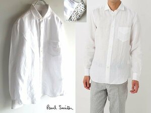 ネコポス対応 Paul Smith ポールスミス 2018SS LINEN CASUAL SHIRT 袖裏花柄 ローズ柄 トップ金ボタン リネンシャツ L 白 ホワイト