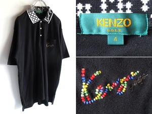 希少 ビンテージ KENZO GOLF ケンゾー ゴルフ カラフルロゴ刺繍 ロゴ襟 コットン カットソー ポロシャツ 4 黒 ブラック 日本製 ネコポス可