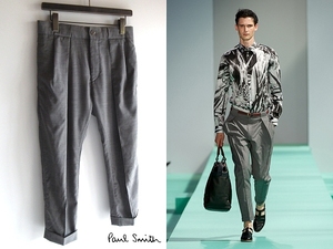 コレクション使用 Paul Smith ポールスミス メインライン 2013SS サマーウール 裾ダブル タックスラックス クロップドパンツ S グレー