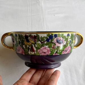 大正〜昭和戦前 オールドノリタケ 色吹花文手付鉢 1920〜1931 アール・デコ Vintage Art Deco Noritake 2 handled bowl with bird & flower
