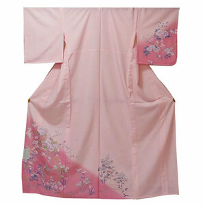 【日本製】仕立上り 単衣付下げ 落ち着いた色の花（ピンク）（064）洗える ポリエステル