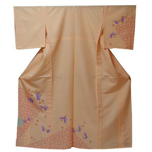 【日本製】仕立上り 単衣付下げ 扇チョウチョ柄（オレンジ色）（095）洗える ポリエステル