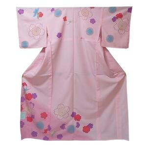 【日本製】仕立上り 単衣付下げ 大桜柄（ピンク色）（131）洗える ポリエステル