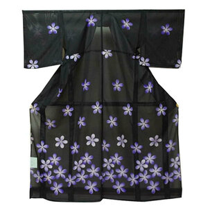 【日本製】仕立上り 絽付下げ 紫色の大桜柄（黒）（003）洗える ポリエステル