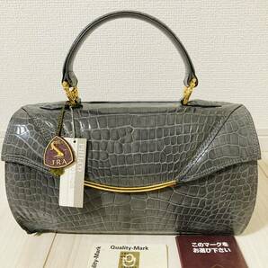 ★JRA認定★ クロコ クロコダイル ワニ 鰐革 ハンドバッグ シャイニング グレー 灰色 GRY GD金具 日本製 フォーマル シャイニー 1円〜の画像2