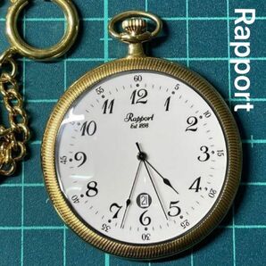 未使用　稼働　rapport 懐中時計　ラポート　蓋なし　ゴールド　カレンダー付き　薄型懐中時計　高級時計　クォーツ　鉄道時計