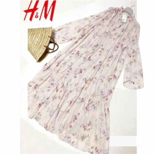 匿名配送　新品　H&M 総シフォン　ワンピース　ピンク　花柄　長袖 シャツワンピース ハンドメイド 花柄 プリントワンピース