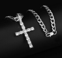 新品 プラチナptp ダイヤモンドcz マイアミキューバン チェーン ネックレス ブレスレット クロス 十字架 ペンダント 腕時計 4点セット☆_画像4