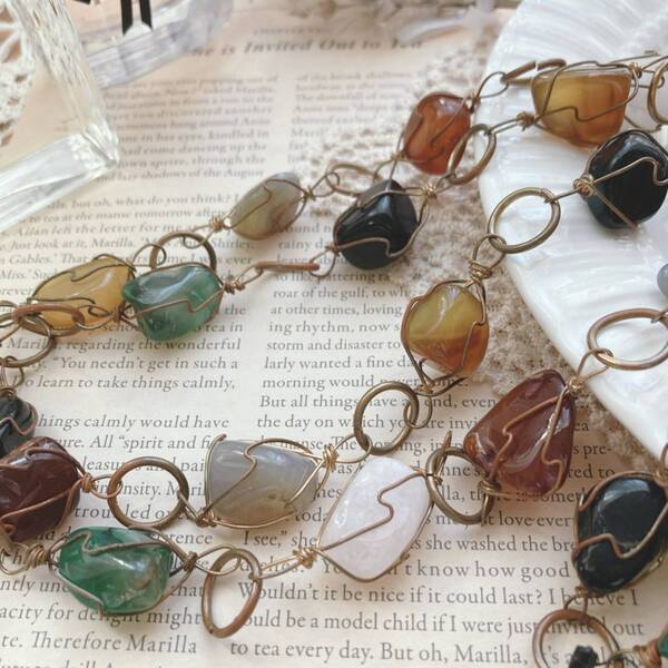 天然石 ワイヤーロングネックレス ストーンデザインロングネックレス レア☆vintage jewelry accessories 09745