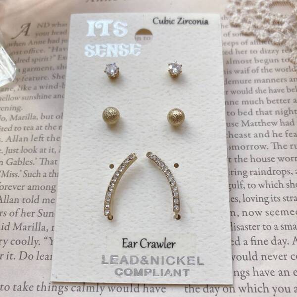 未使用品 ピアス3点セット ゴールド ラインストーン☆vintage jewelry accessories A017