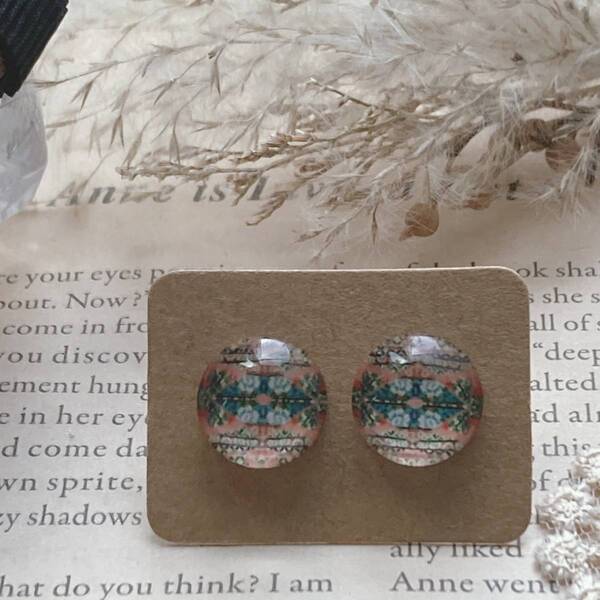 和柄ガラスカボション ピアス 和装アクセサリー 和風 着物 浴衣 シルバー レトロ 小花 ☆vintage jewelry accessories A040