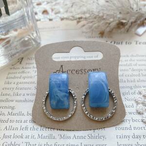 2WAY earrings blue opal manner silver hoop *vintage jewelry accessories A052