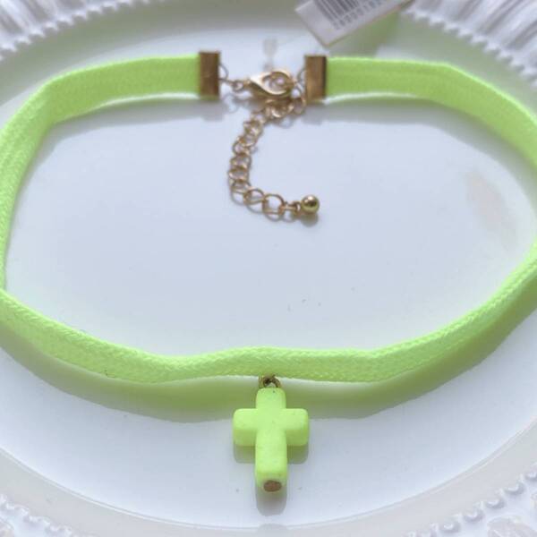 未使用品 クロスチョーカー イエロー 蛍光色 十字架 パンク☆vintage jewelry accessories A085