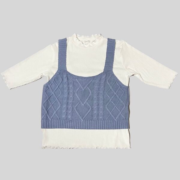 トップス 半袖 Tシャツ 重ね着 コットンニット ニットビスチェ 2点セット