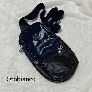 【4-48】オロビアンコ Orobianco イタリア製 ボディバッグ ハンドバッグ ショルダーバッグ 斜めがけ エナメル レザー PVC ネイビー 紺 黒