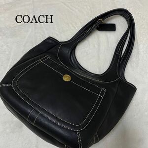 【10-106】COACH コーチ レザー 本革 ハンドバッグ トートバッグ ロゴキーチェーン ステッチデザイン 裏地マルチカラー 黒 ブラック 金色系