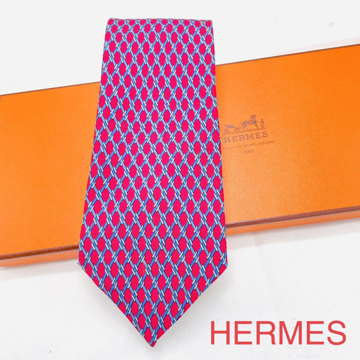 エルメス HERMES ネクタイ ブルー エンブレム 総柄 フランス製 シルク