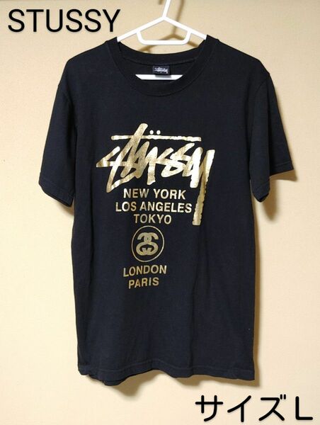 STUSSY＊Tシャツ・半袖・サイズＬ＊両面プリントロゴ入り＊ブラック×ゴールド系＊トップス・夏服